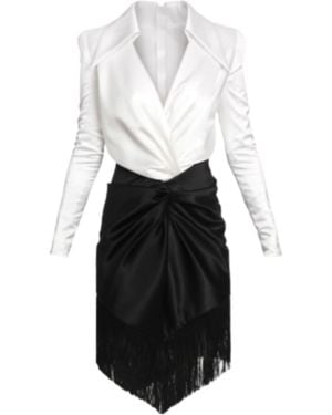 Balmain Draped And Fringed Satin Tailored Dress - White