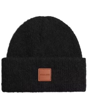 COACH Knit Beanie With Leather Patch - Black
