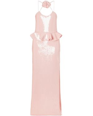 Rodarte Floral-Appliquéd Ruffled Sequined Mesh Halterneck Gown - Pink