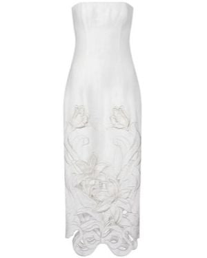Leo Rayna Floral-Appliqué Linen-Blend Bustier Gown - White