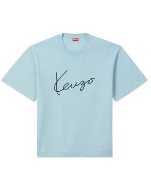 KENZO Logo Embroidered Crewneck T-Shirt - Blue