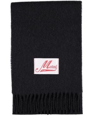 Marni Logo Patch Fringed Scarf - Black