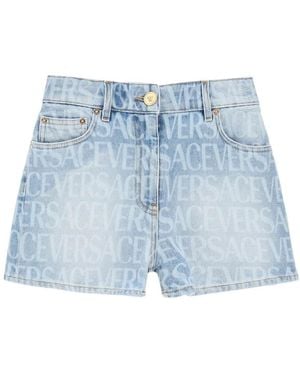 Versace Allover Logo Printed Denim Shorts - Blue