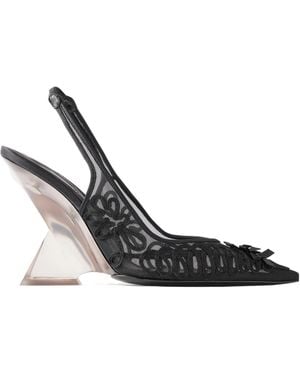The Attico Bow-Embellished Embroidered Tulle Wedge Slingback Pumps - Black