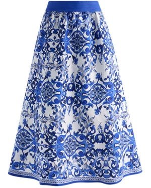 Alice + Olivia Earla High-Waisted Flared Midi Skirt - Blue