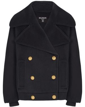 Balmain Wool-Cashmere Pea Coat - Blue