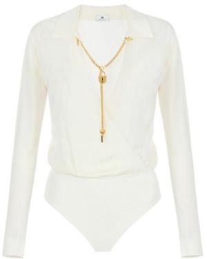 Elisabetta Franchi Viscose Yarn Bodysuit With Jewel Chain - White