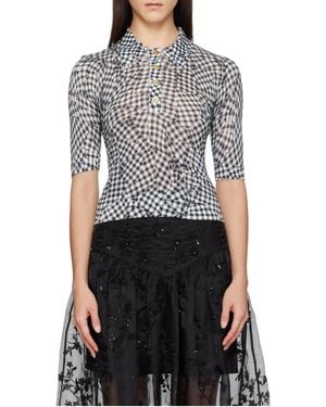Ganni Sheer Printed Checked Polo Shirt - Black