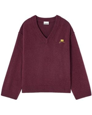 Ganni Wool Blend V-Neck Pullover Sweater - Purple