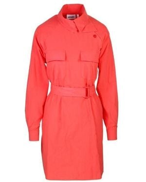 KENZO Asymmetric Neckline Belted Shirt Dress - Red