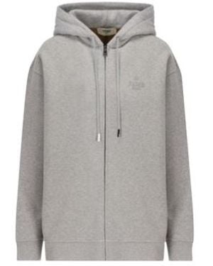 Fendi Logo Embroidered Zip-Up Drawstring Hoodie - Grey