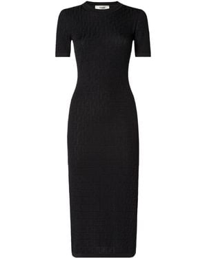 Fendi Ff Motif Short Sleeved Fotted Midi Dress - Black