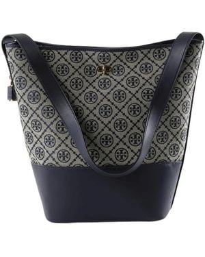 Tory Burch T Monogram Leather-Trim Bucket Bag - Grey