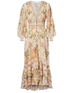 CAMILLA Floral Pattern Silk Crepe Long Dress - Natural