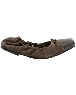 Brunello Cucinelli Beaded Leather Ballerina Shoes - Brown
