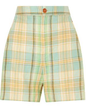 God's True Cashmere Lime Moss Checked Linen Shorts - Yellow