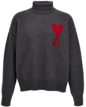 Ami Paris Ami De Coeur Logo Intarsia Knitted Roll-Neck Jumper - Grey