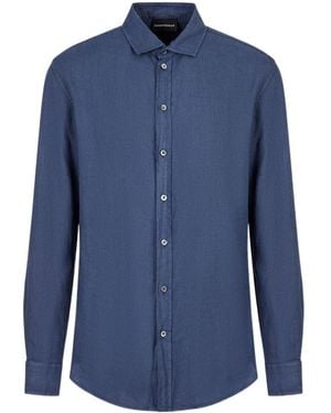 Emporio Armani Collar Longsleeve Linen Shirt - Blue