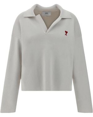Ami Paris Ami De Coeur Long-Sleeved Knitted Polo Shirt - Grey
