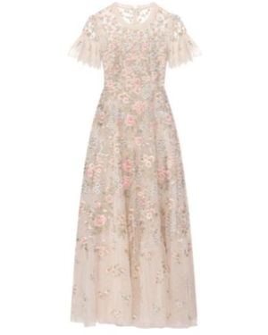 Needle & Thread Tulle Dress With Floral Embroidery - Natural