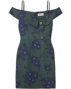 ShuShu/Tong Asymmetric Off-The-Shoulder Embellished Floral-Print Cotton Mini Dress - Blue
