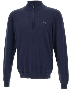 Sun 68 Half Zip High Collar Jumper - Blue