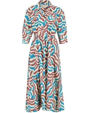 Marni Graphic Printed Belted Midi Dress - Blue