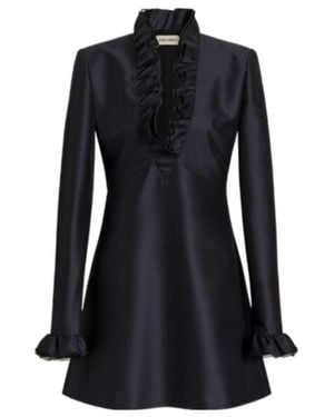Alberta Ferretti Short Wool And Silk Dress With Ruffled Details - Blue