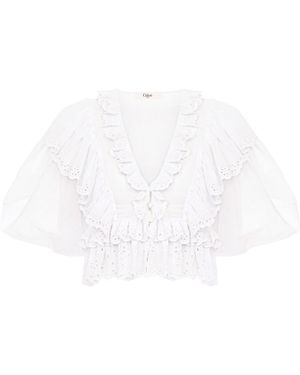 Chloé Cropped V-Neck Ruffle Top - White