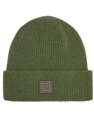 Fendi Logo Patch Ribbed Beanie - Green