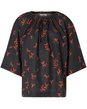 Fendi Coral Printed Drawstring Neckline Shirt - Black
