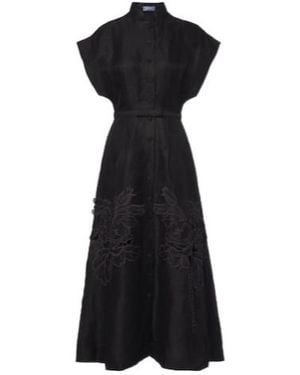 Leo Aubrey Floral-Appliqué Linen-Blend Midi Dress - Black