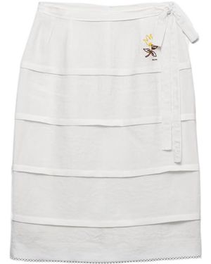 Prada Embroidered Slubbed Linen Skirt - White