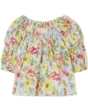 Doen Inez Gathered Floral-Print Organic Cotton-Voile Blouse - White