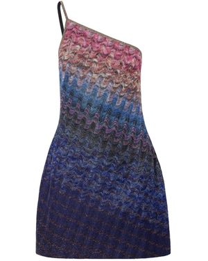 Missoni One-Shoulder Metallic Crochet-Knit Mini Dress - Blue