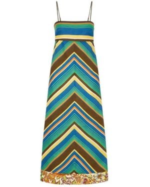 ALÉMAIS Striped Floral-Print Linen Midi Dress - Blue
