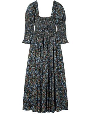 Doen Bijou Shirred Floral-Print Organic Cotton-Voile Midi Dress - Black