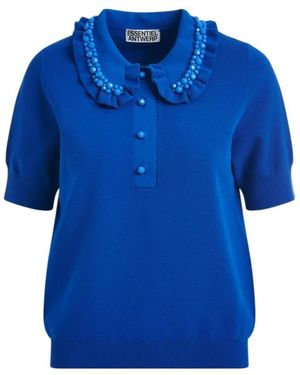 Essentiel Antwerp Ruffle Fine-Knit Polo Top With Bead Embellishments - Blue