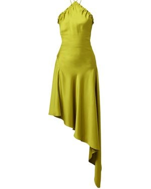 The Attico Asymmetric Feather-Trimmed Satin Halterneck Midi Dress - Yellow