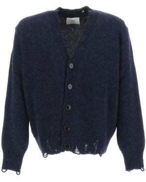 Ami Paris Ami Distressed V-Neck Cardigan - Blue