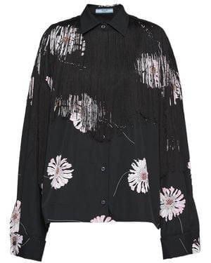 Prada Rose-Printed Long-Sleeved Fringed Shirt - Black