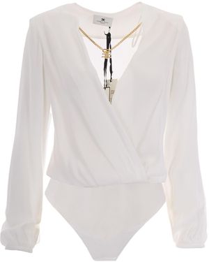 Elisabetta Franchi Necklace Embellished Georgette Bodysuit - White