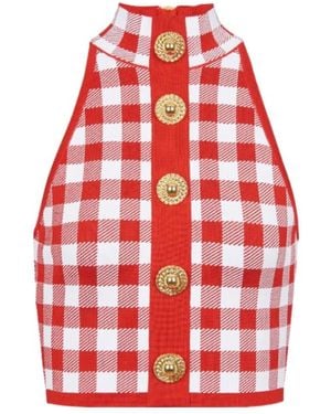 Balmain Gingham Checked Sleeveless Top - Red
