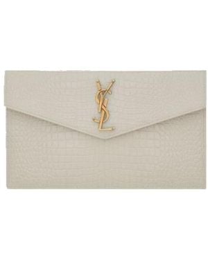 Saint Laurent Slp Medium Croc Gld Hw Pouch - Natural