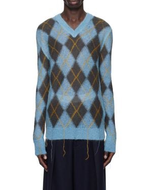 Marni Geometric Patterned V-Neck Knitted Jumper - Blue