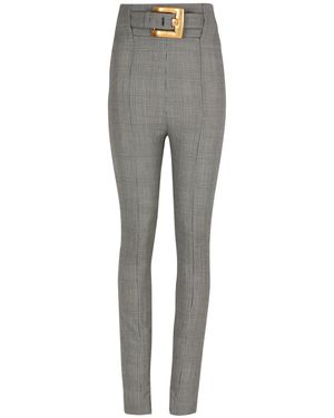 Balmain Checked Belted High-Waist Pants - Gray
