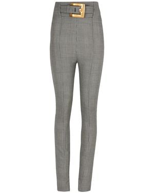 Balmain Checked Belted High-Waist Trousers - Grey