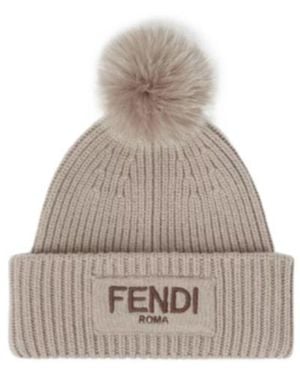 Fendi Logo Embroidered Pompom Detail Beanie - Natural