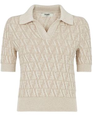 Fendi Logo Detailed Knitted Polo Top - White