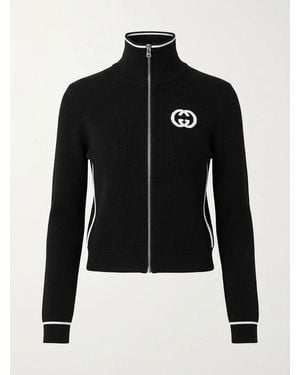 Gucci Ribbed Zip Jacket With Intarsia, Size L, Ready-To-Wear - Black